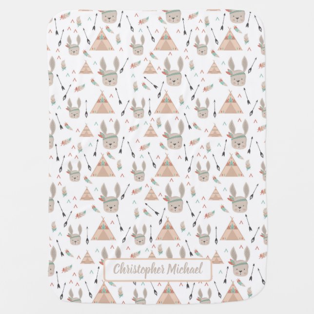 Ethnical Boho Bunny Boy Rustic Baby Blanket (Front)