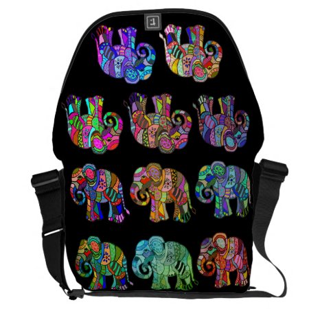 Ethno Colorful Pyschedelic Ornamental Elephants Messenger Bag