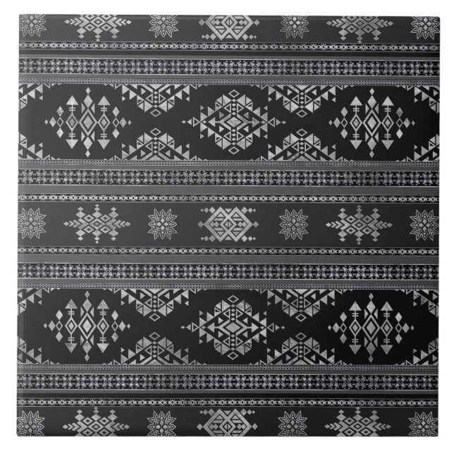 Etnic Ornament - Greyscale silver Ceramic Tile (Front)