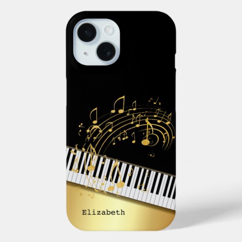 ETrendy Black Gold Music NotesPiano Keys  iPhone 15 Case