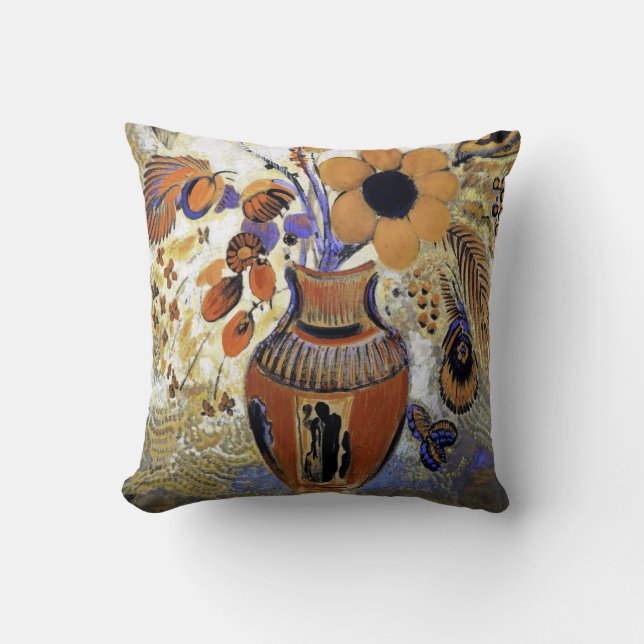 Etruscan Vase with Flowers, Redon Throw Pillow (Front)