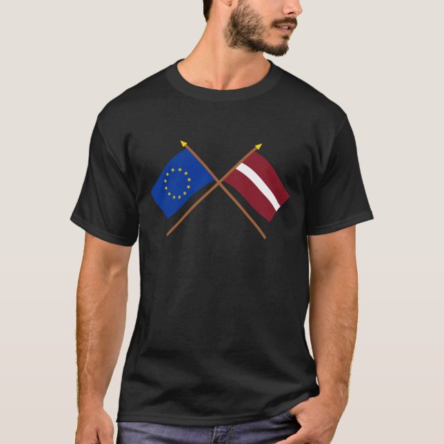 EU and Latvia Crossed Flags T-Shirt (Front)