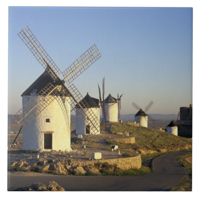 EU, Spain, La Mancha, Consuegra. Windmills and Ceramic Tile (Front)