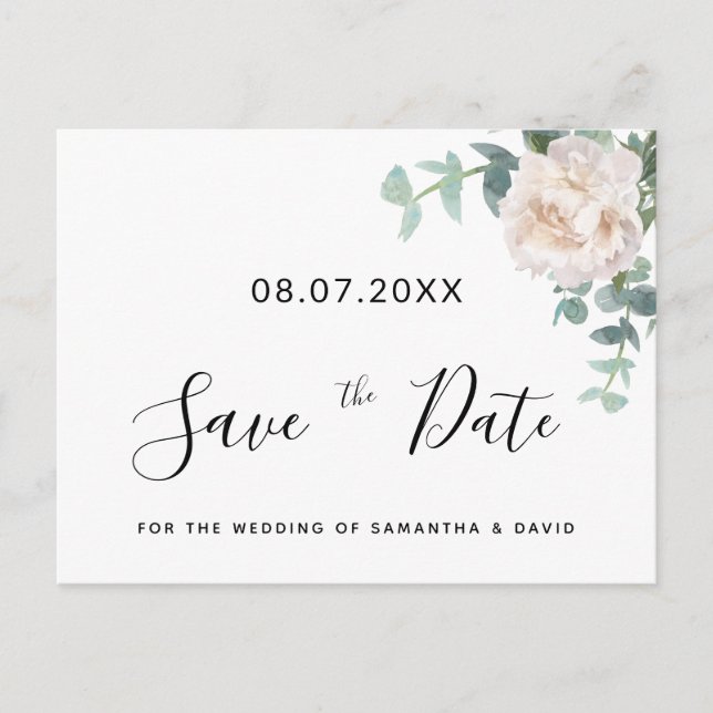 Eucaluptus floral greenery wedding save the date postcard (Front)