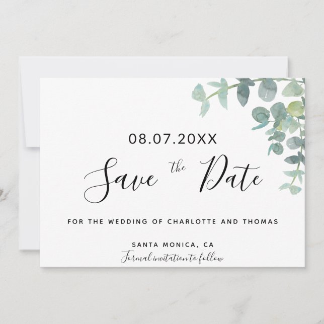 Eucaluptus greenery script wedding save the date (Front)