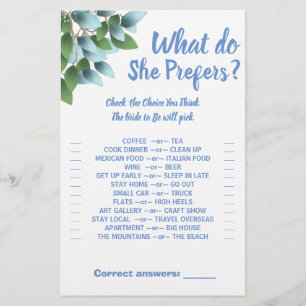 Eucalypt Would She prefer Bridal Shower Game Card Flyer