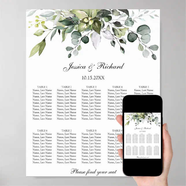 Eucalyptus 10 Tables Seating Chart Poster Sign | Zazzle