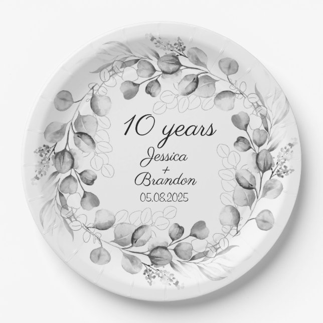 Eucalyptus 10th Tin Wedding Anniversary  Paper Plates (Front)