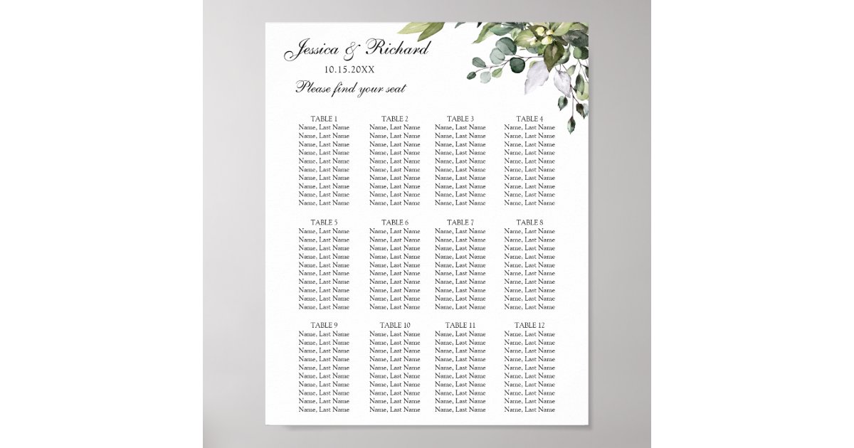 Eucalyptus 12 Tables Seating Chart Poster Sign | Zazzle