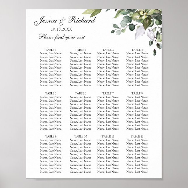 Eucalyptus 12 Tables Seating Chart Poster Sign (Front)