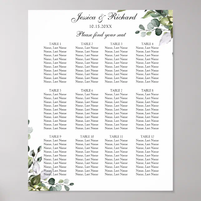 Eucalyptus 12 Tables Seating Chart Poster Sign | Zazzle