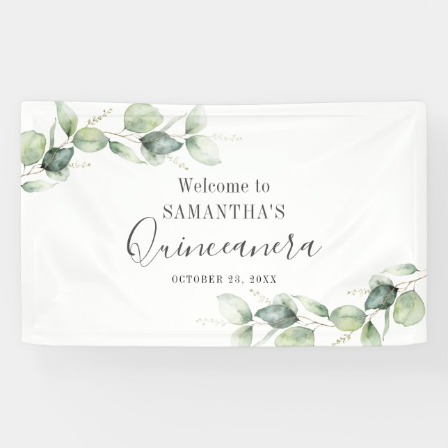 Eucalyptus 15th Birthday Greenery Quinceanera Banner (Horizontal)