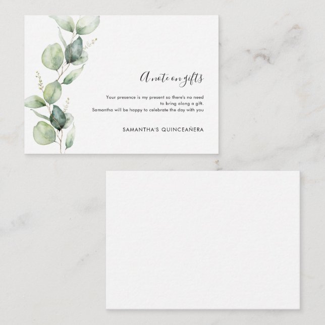 Eucalyptus 15th Birthday Quinceanera Party No Gift Enclosure Card (Front/Back)