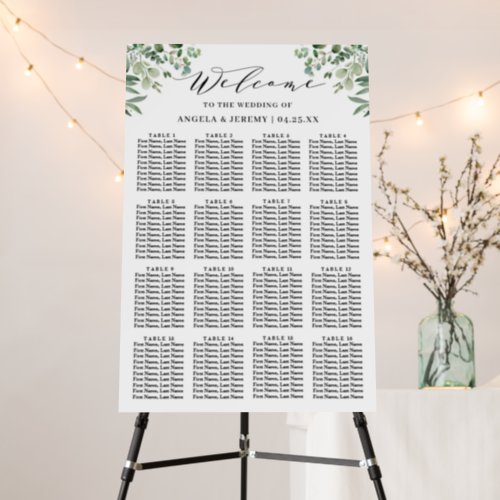 Eucalyptus 16 Tables Wedding Seating Chart  Foam Board - Greenery Eucalyptus Leaves 16 Tables Wedding Seating Chart Foam Board. 
(1) The default size is 20 x 30 inches, you can change it to other size.  
(2) For further customization, please click the "customize further" link and use our design tool to modify this template.