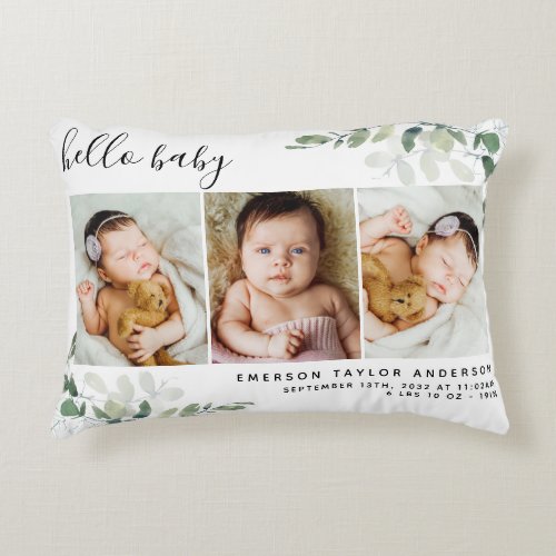 Eucalyptus 3 Photo Baby Birth Stats Accent Pillow