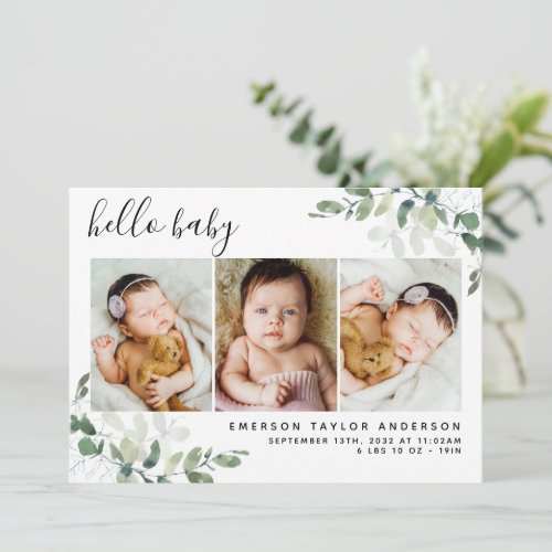 Eucalyptus 3 Photo Baby Birth Stats Hello Baby Thank You Card