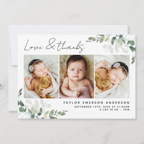 Eucalyptus 3 Photo Baby Birth Stats  Thank You Card