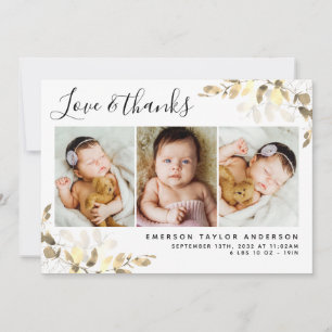 Eucalyptus 3 Photo Baby Birth Stats Thank You Card