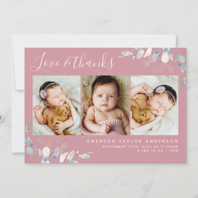 Eucalyptus 3 Photo Baby Birth Stats  Thank You Card (Front)