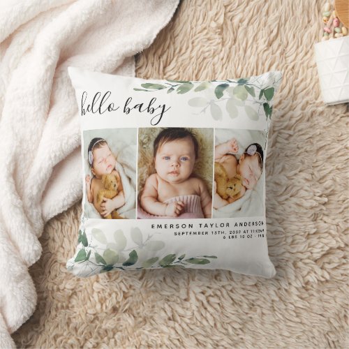 Eucalyptus 3 Photo Baby Birth Stats Throw Pillow