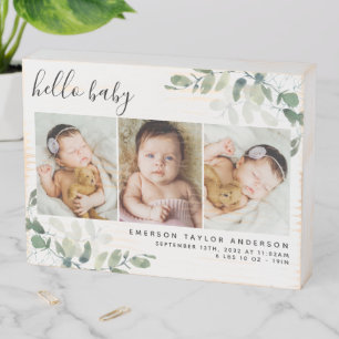 Eucalyptus 3 Photo Baby Birth Stats Wooden Box Sign