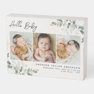 Eucalyptus 3 Photo Baby Birth Stats Wooden Box Sign
