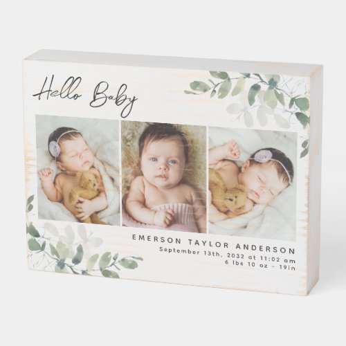 Eucalyptus 3 Photo Baby Birth Stats  Wooden Box Sign