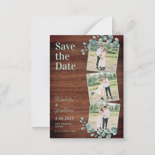 Eucalyptus 3 Photo Budget Wedding Save The Date Note Card (Front)