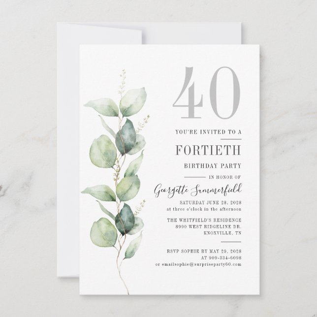 Eucalyptus 40th Birthday Party Invitation (Front)