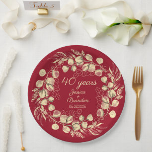 Eucalyptus 40th Red Ruby Wedding Anniversary Paper Plates