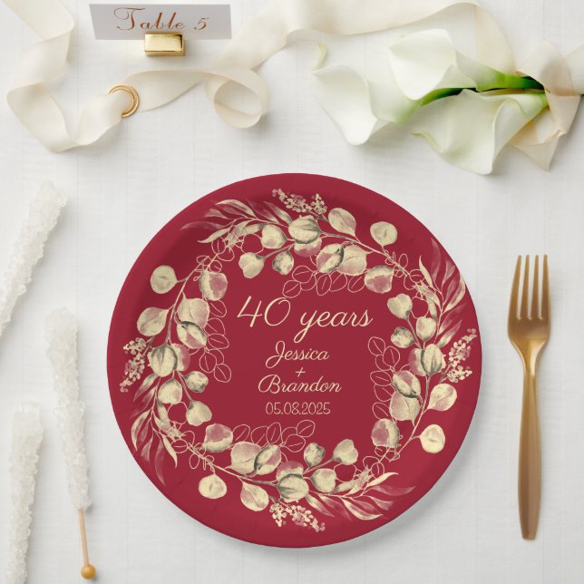 Eucalyptus 40th Red Ruby Wedding Anniversary  Paper Plates (Wedding)