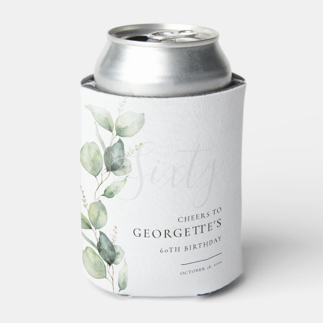 Eucalyptus 60th Adult Birthday Party Can Cooler (Can Front)