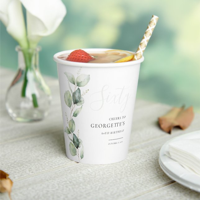 Eucalyptus 60th Adult Birthday Party Paper Cups (Insitu)