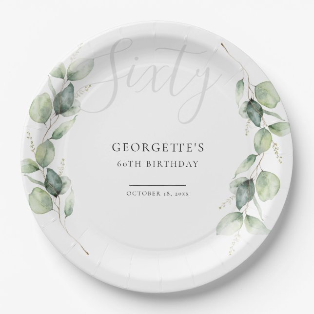 Eucalyptus 60th Adult Birthday Party Paper Plates (Front)