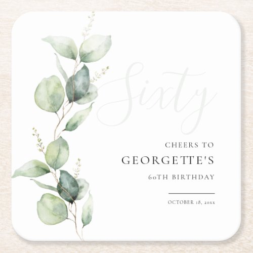 Eucalyptus 60th Adult Birthday Party Square Paper Coaster