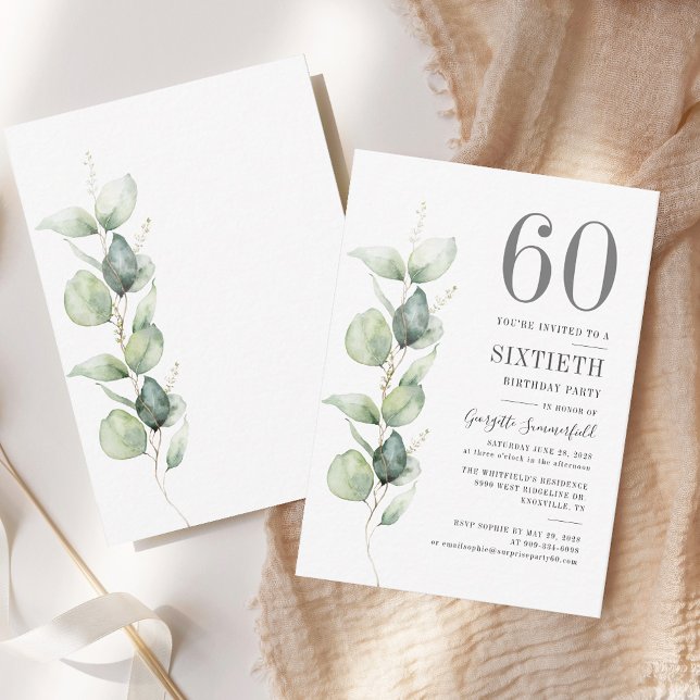 Eucalyptus 60th Birthday Greenery Foliage Note Card (Eucalyptus 60th Birthday Party Invitation)