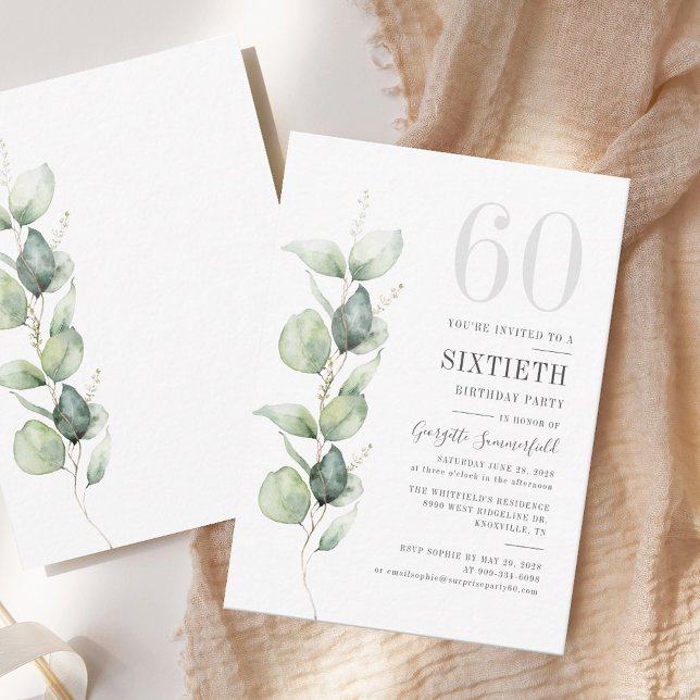Eucalyptus 60th Birthday Greenery Invitation (60th Birthday Eucalyptus Watercolor Invitation)