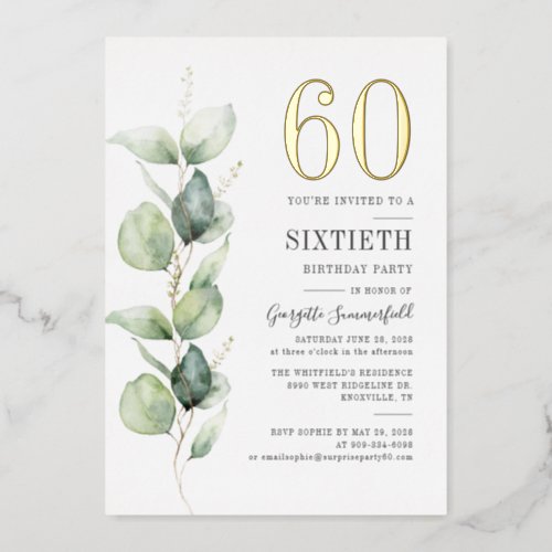 Eucalyptus 60th Birthday Greenery Watercolor Gold Foil Invitation