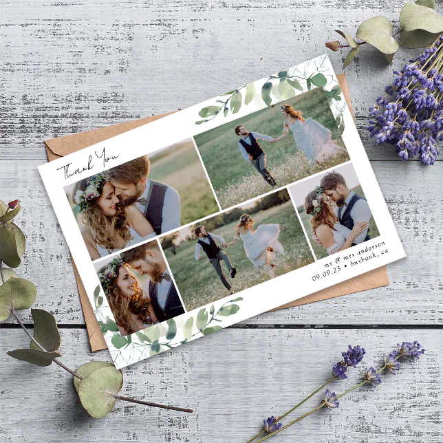 Eucalyptus 6 Photo Wedding Thank You Card | Zazzle