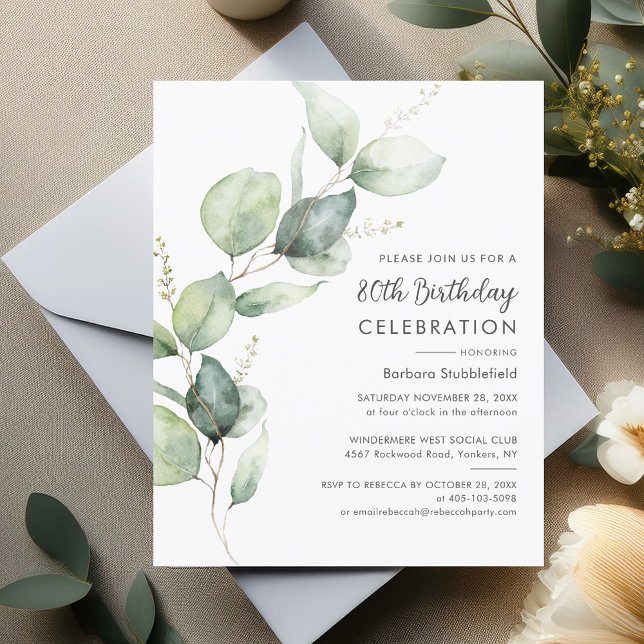 Eucalyptus 80th Birthday Party Invitation (80th Birthday Party Sage Green Eucalyptus Block Stem Budget Invitation)