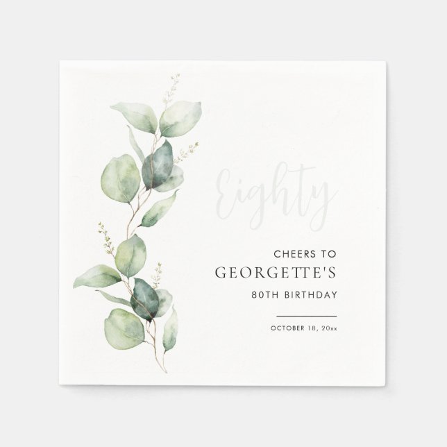 Eucalyptus 80th Birthday Watercolor Paper Napkins (Front)