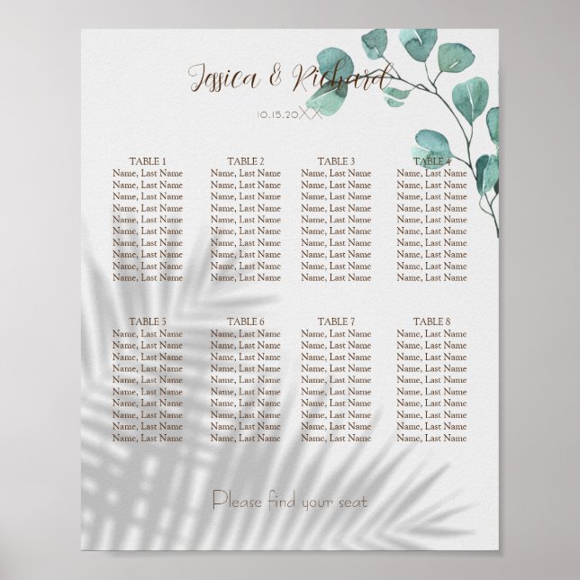 Eucalyptus 8 Tables Seating Chart Poster Sign (Front)