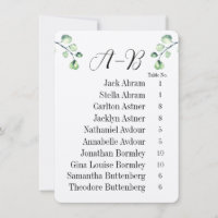 Eucalyptus Alphabetical 10 Guest Table Chart Cards