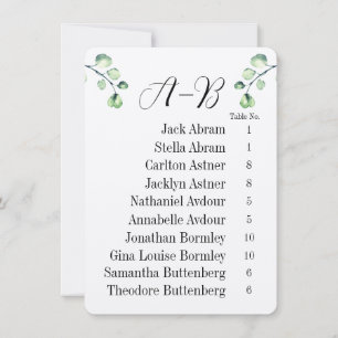 Eucalyptus Alphabetical 10 Guest Table Chart Cards
