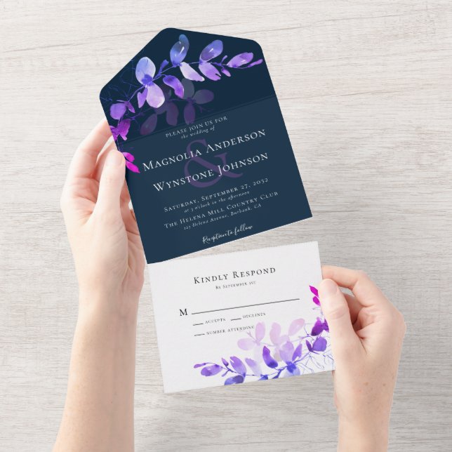 Eucalyptus Ampersand Chic Wedding Navy All In One Invitation (Tearaway)