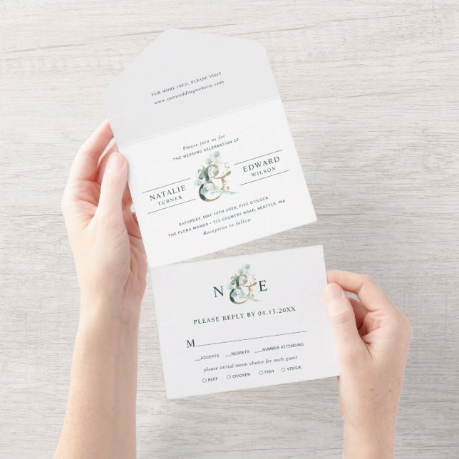 Eucalyptus Ampersand Gold Green Wedding All In One Invitation (Tearaway)