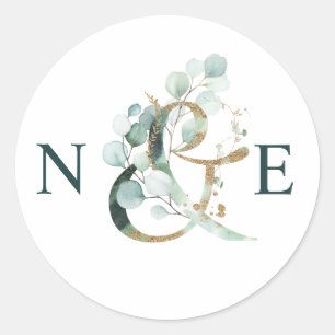 Eucalyptus Ampersand Gold Green Wedding Classic Round Sticker