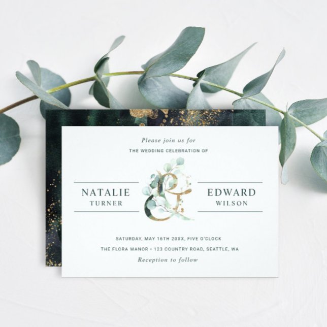 Eucalyptus Ampersand Gold Green Wedding Invitation (Front & Back)