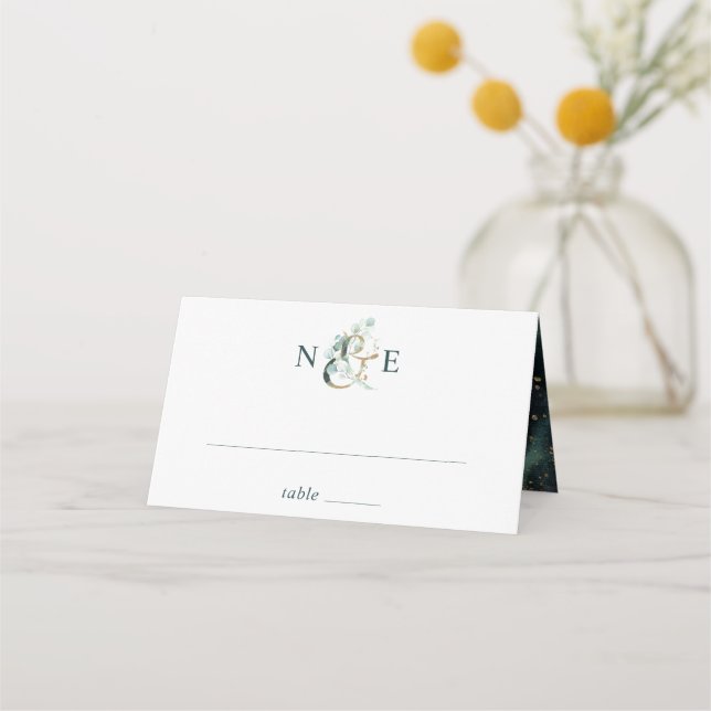 Eucalyptus Ampersand Gold Green Wedding Place Card (Front)