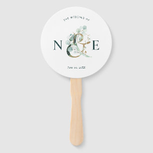 Eucalyptus Ampersand Gold Green Wedding Program Hand Fan